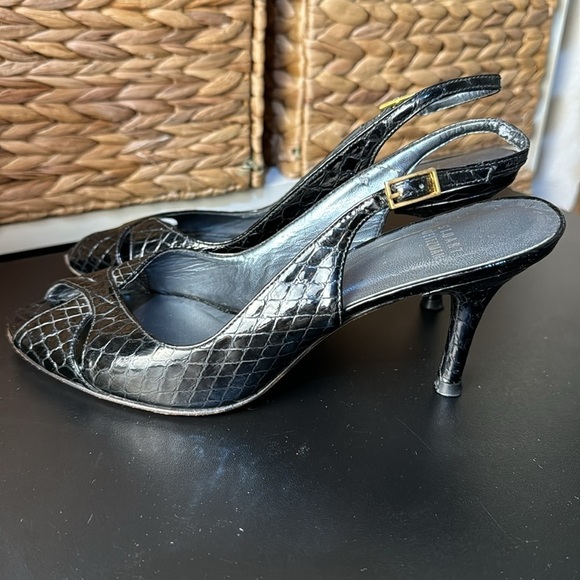 Stuart Weitzman snake skin‎ black patent leather peep toe heels pumps Size 8 - Picture 4 of 12